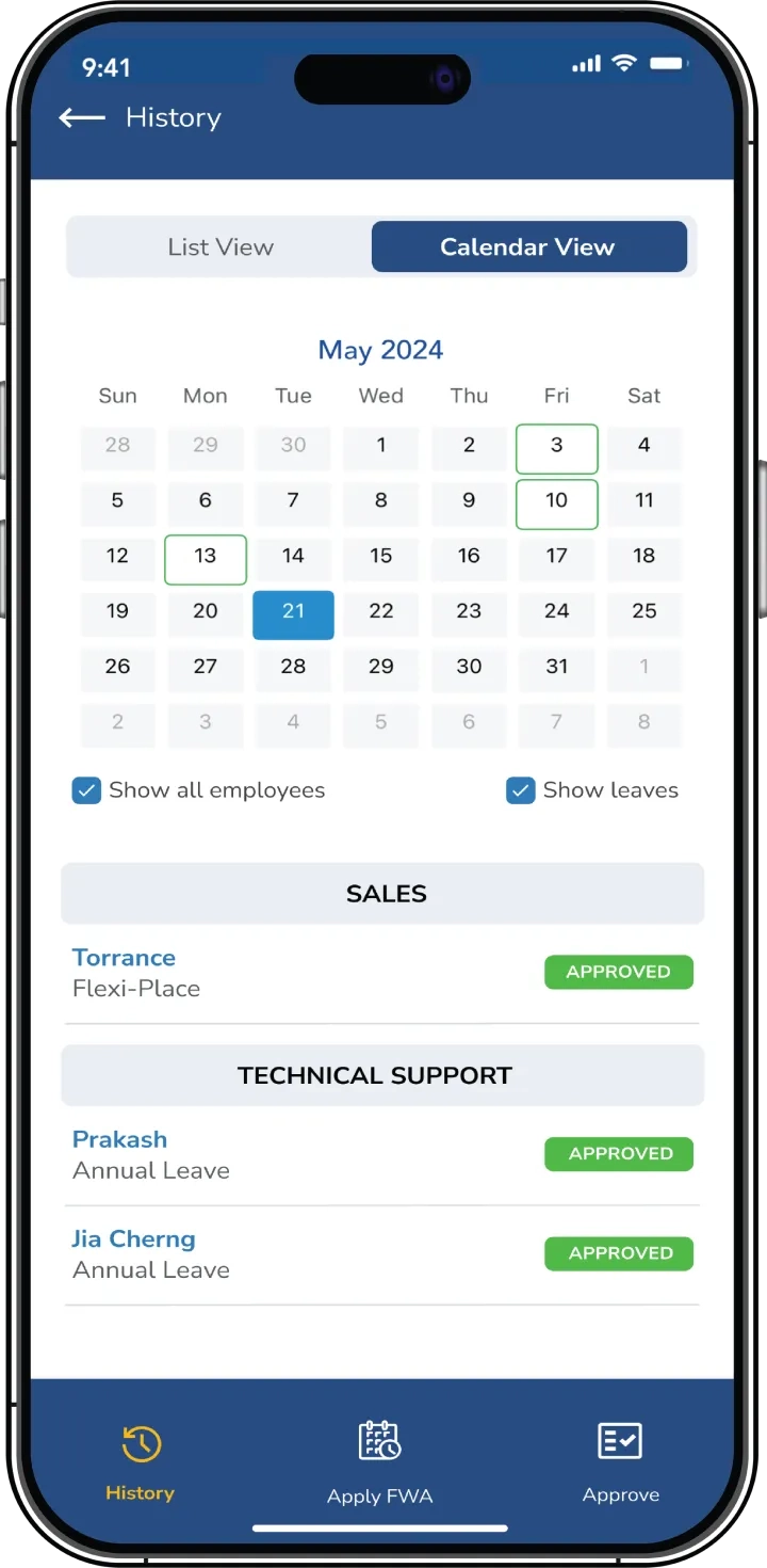 flexible work arrangement calendar view